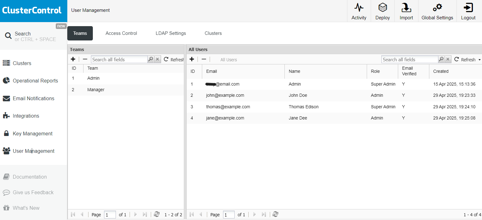 Legacy user management - ClusterControl GUI v1