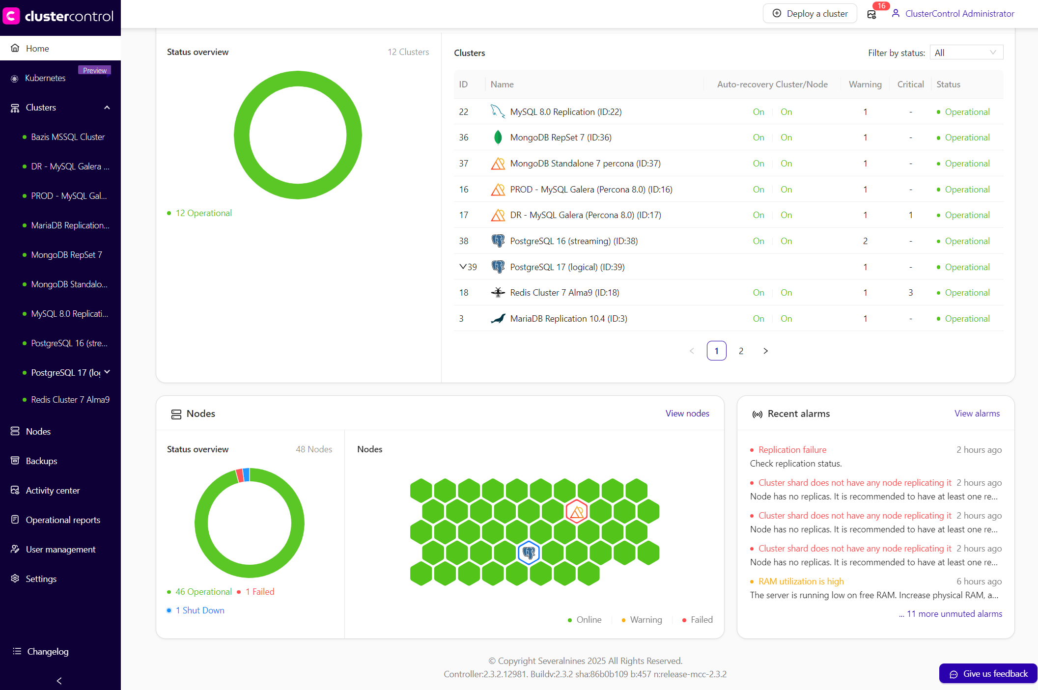 ClusterControl home page