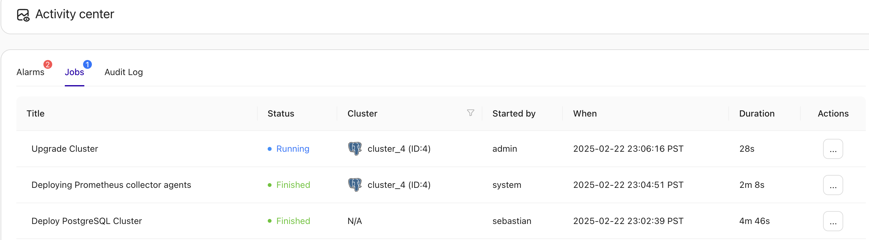 PostgreSQL Upgrade Job UI