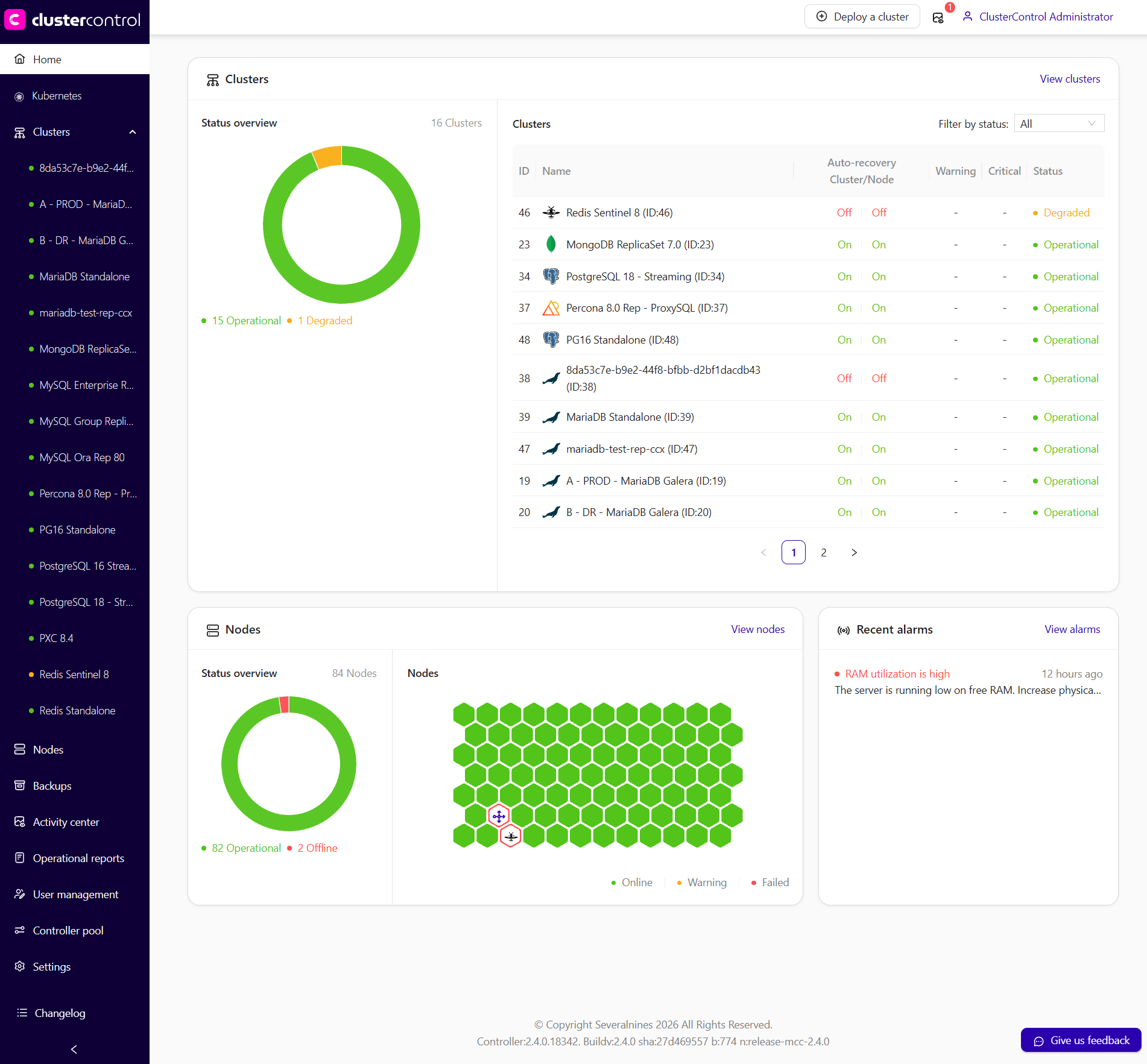 ClusterControl home page
