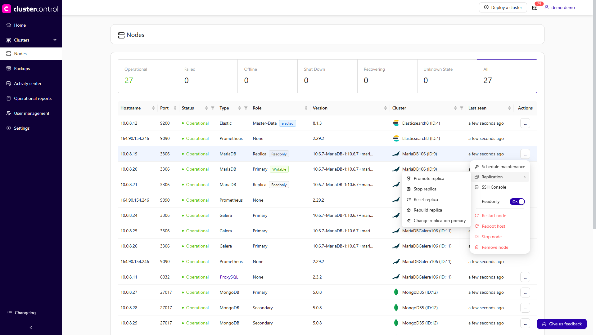 Node actions