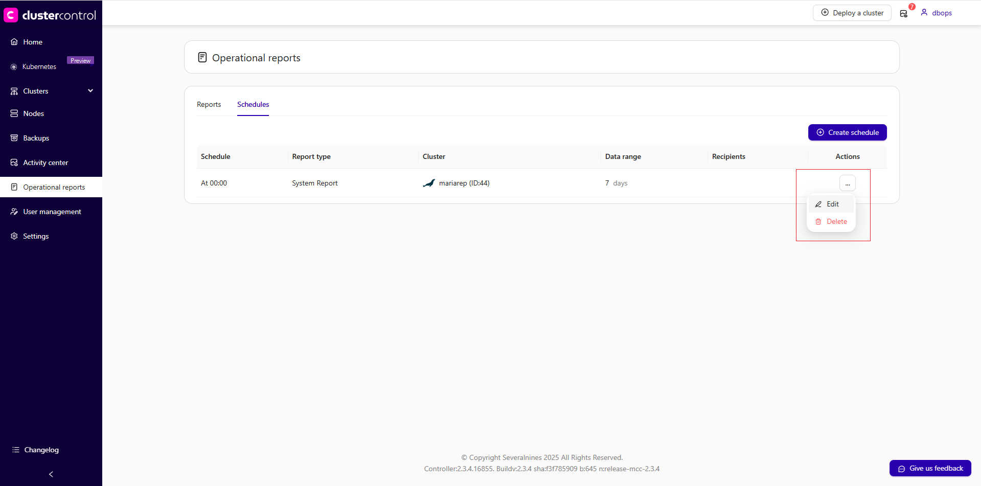 Operational reports schedule action