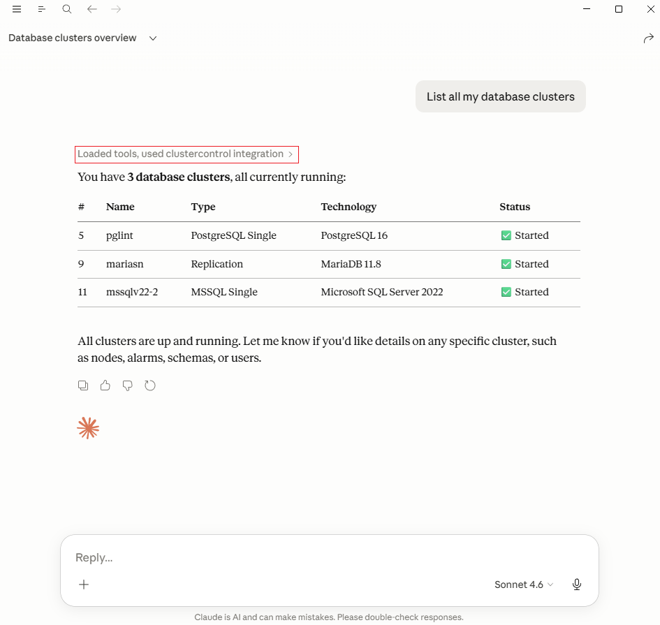 ClusterControl MCP Claude Desktop Response