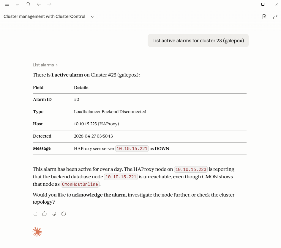ClusterControl MCP Response