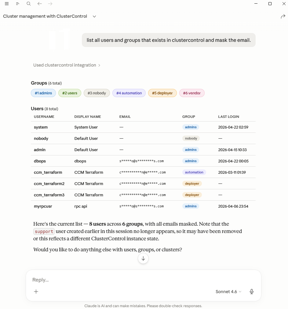 ClusterControl MCP Response