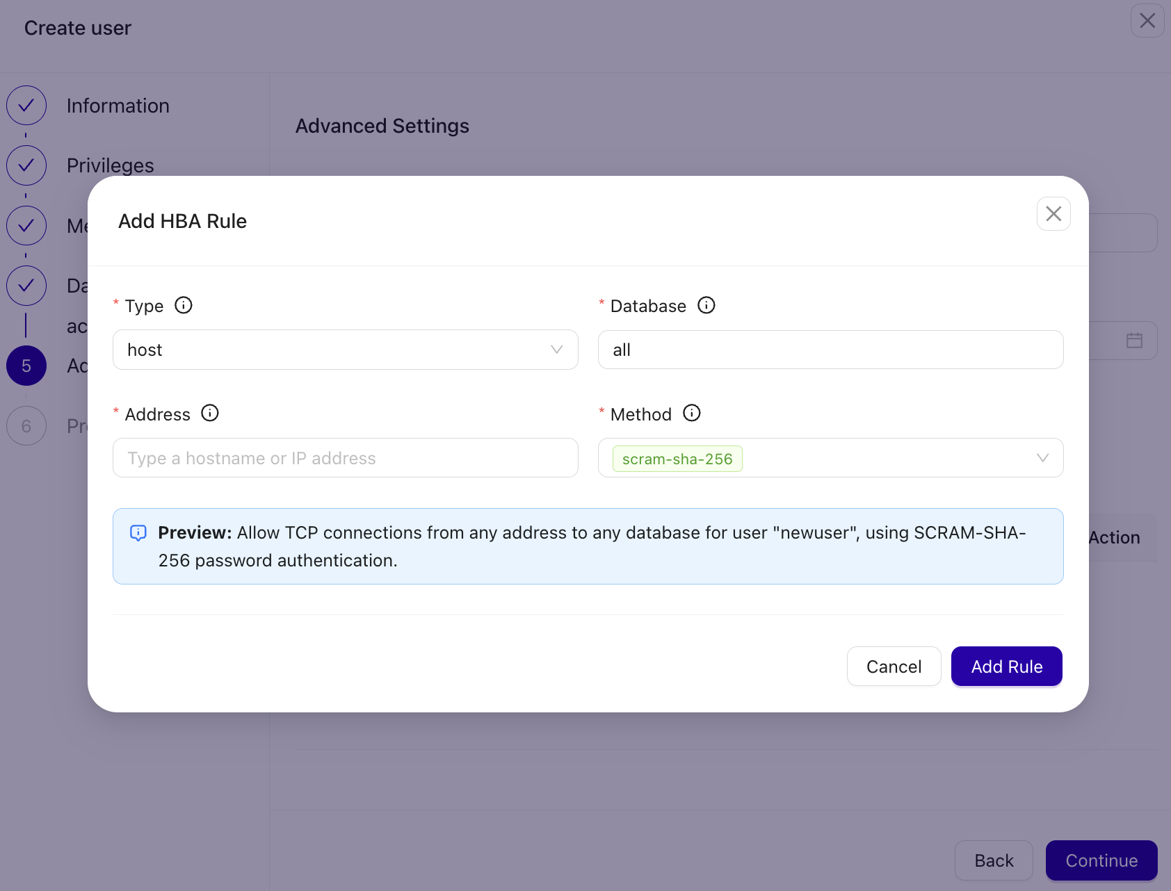PostgreSQL User Management create user HBA