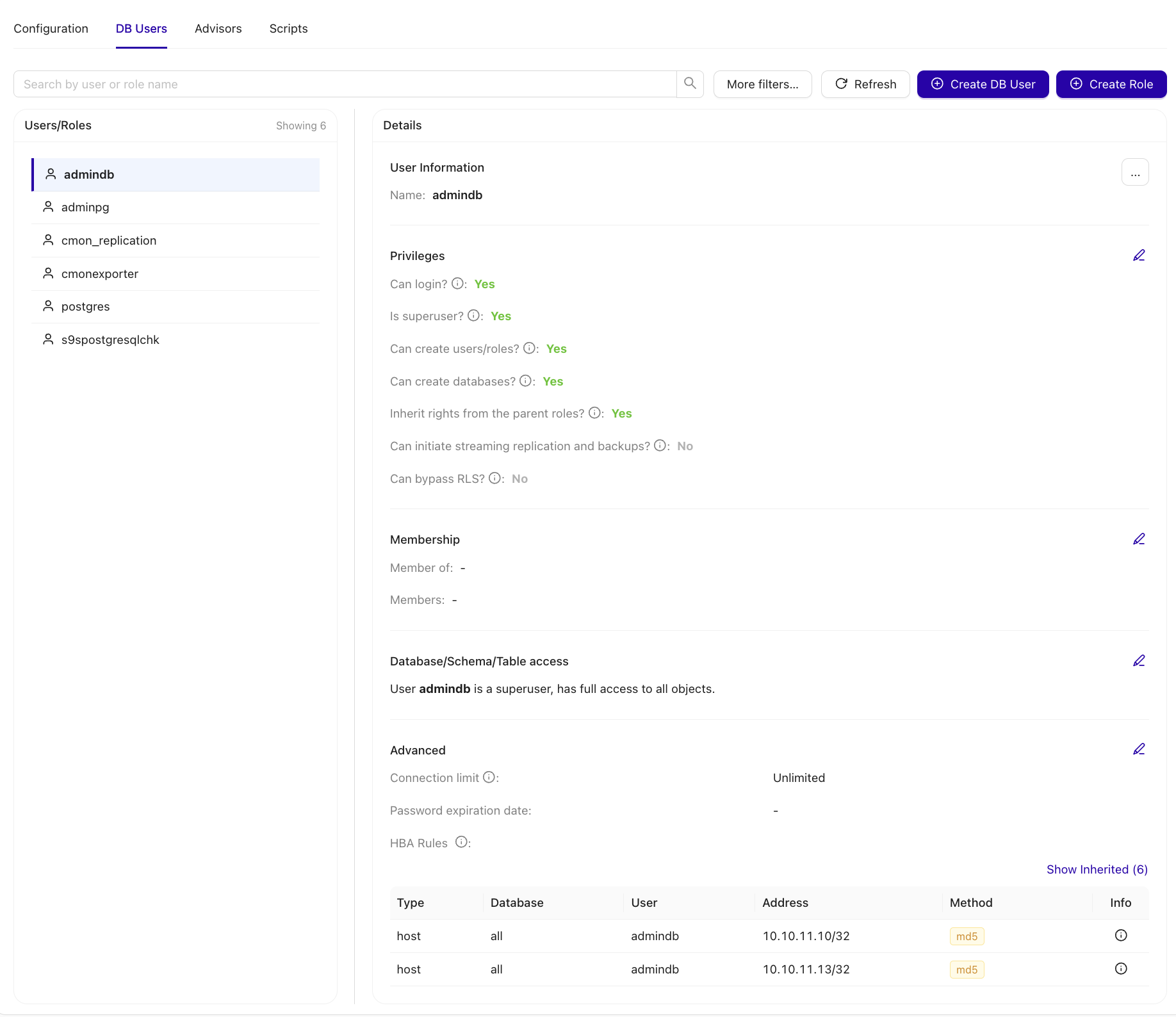 PostgreSQL User Management section