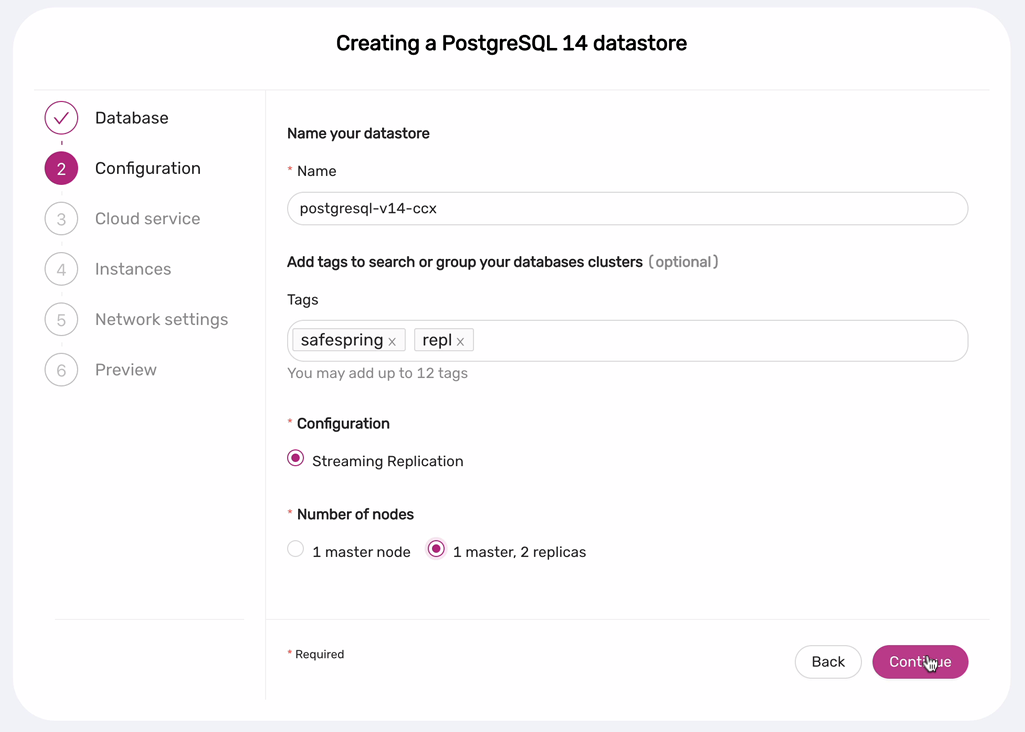 Configuration - Creating PostgreSQL datastore under Safespring