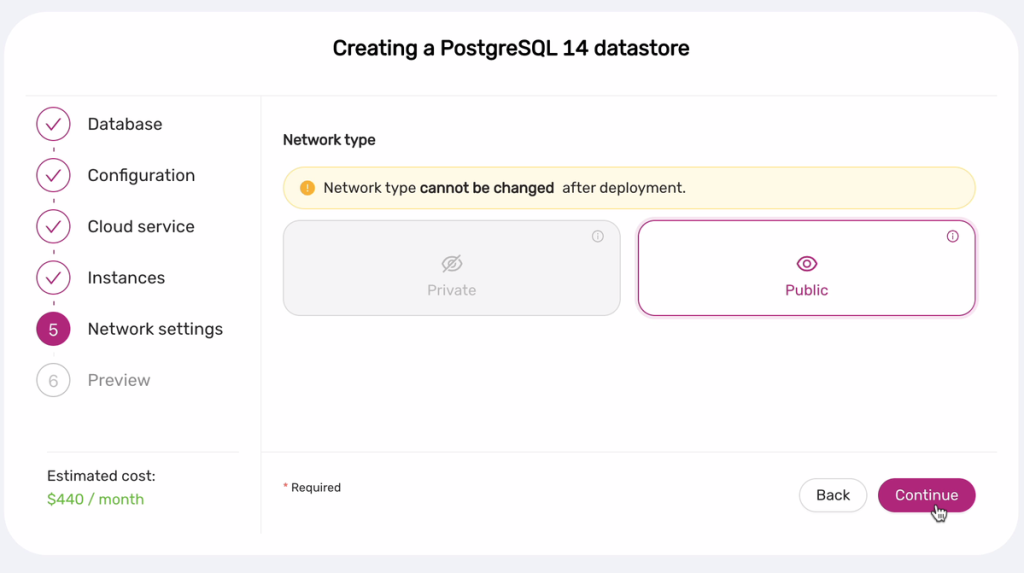 Network settings - Creating a PostgreSQL 14 datastore using Safespring
